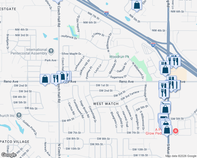 map of restaurants, bars, coffee shops, grocery stores, and more near 11820 Sagamore Drive in Yukon