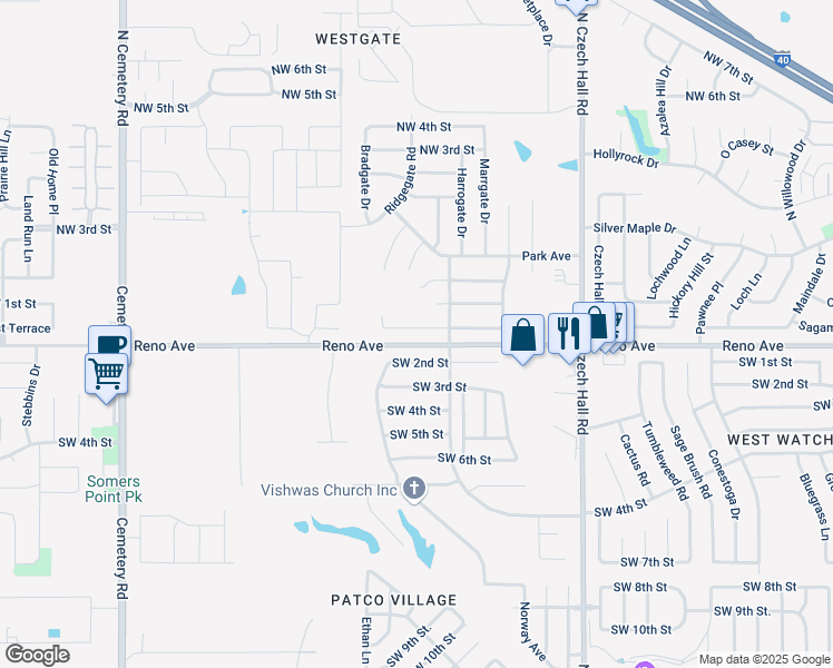 map of restaurants, bars, coffee shops, grocery stores, and more near 12420 Southgate Drive in Yukon