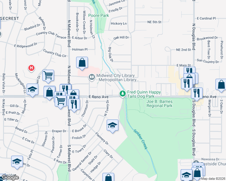 map of restaurants, bars, coffee shops, grocery stores, and more near 8401 East Reno Avenue in Midwest City