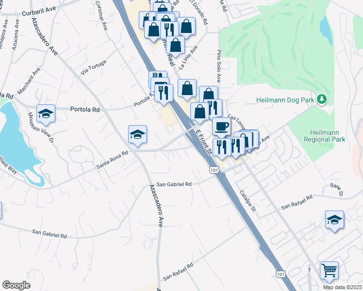 map of restaurants, bars, coffee shops, grocery stores, and more near 8825 Old Santa Rosa Road in Atascadero