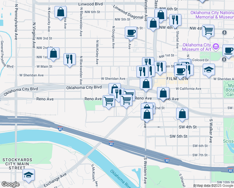 map of restaurants, bars, coffee shops, grocery stores, and more near 1225 West Reno Avenue in Oklahoma City
