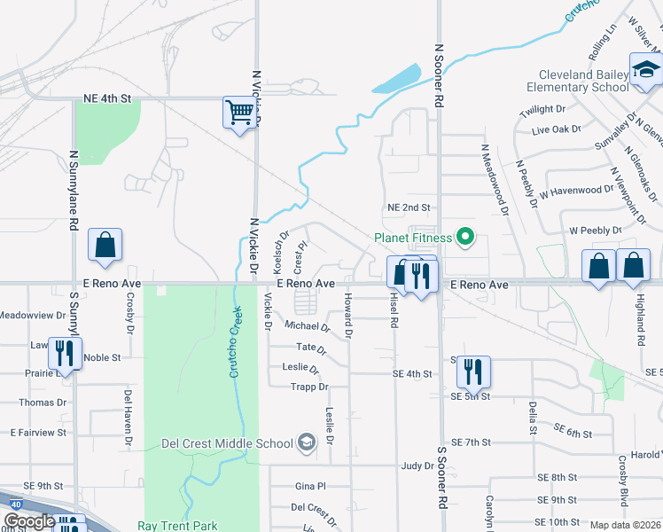 map of restaurants, bars, coffee shops, grocery stores, and more near 5200 East Reno Avenue in Oklahoma City