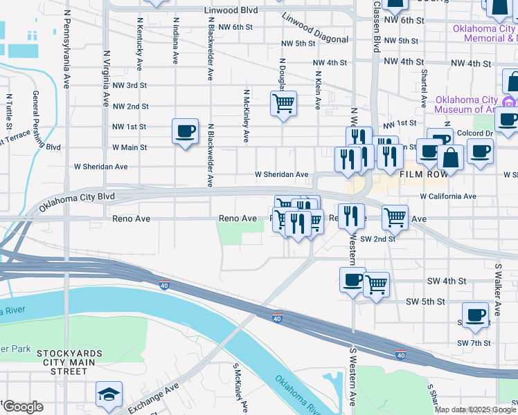 map of restaurants, bars, coffee shops, grocery stores, and more near 1313 West Reno Avenue in Oklahoma City
