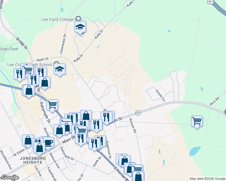 map of restaurants, bars, coffee shops, grocery stores, and more near 2701 Nash Street in Sanford