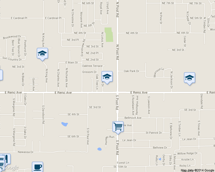 map of restaurants, bars, coffee shops, grocery stores, and more near 9909 East Reno Avenue in Midwest City