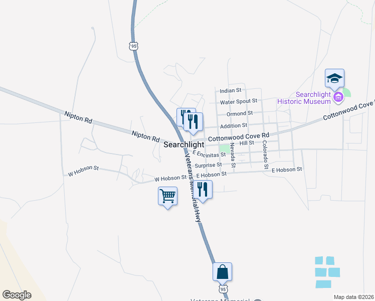 map of restaurants, bars, coffee shops, grocery stores, and more near 3 East Encinitas Street in Searchlight