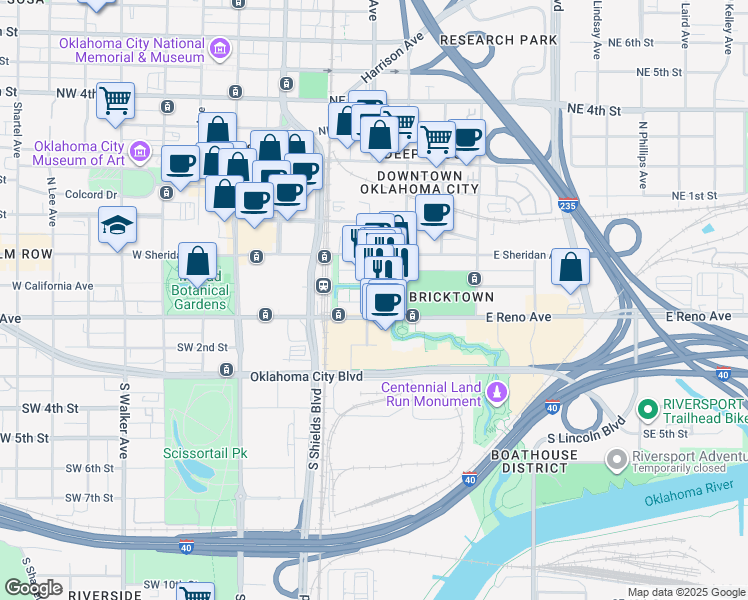map of restaurants, bars, coffee shops, grocery stores, and more near 100d Wanda Jackson Way in Oklahoma City