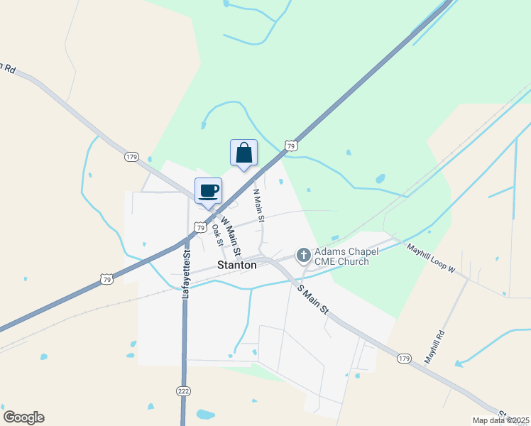 map of restaurants, bars, coffee shops, grocery stores, and more near 12 North Main Street in Stanton