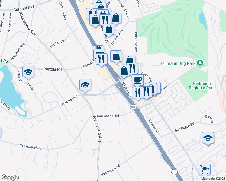 map of restaurants, bars, coffee shops, grocery stores, and more near 8825 Old Santa Rosa Road in Atascadero