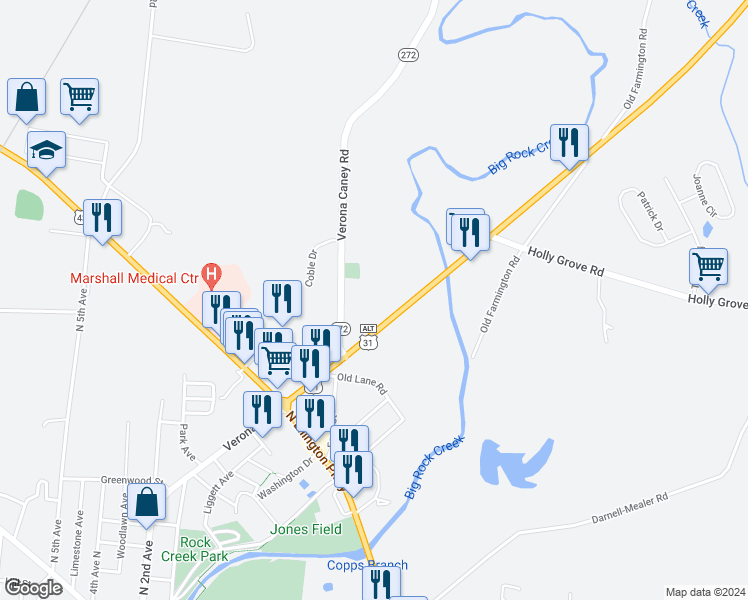 map of restaurants, bars, coffee shops, grocery stores, and more near 1224 Nashville Highway in Lewisburg