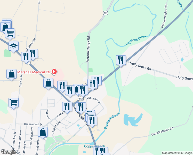 map of restaurants, bars, coffee shops, grocery stores, and more near 1224 Nashville Highway in Lewisburg