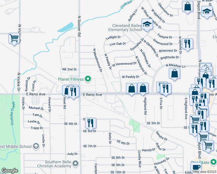 map of restaurants, bars, coffee shops, grocery stores, and more near 2900 North Meadowood Drive in Midwest City