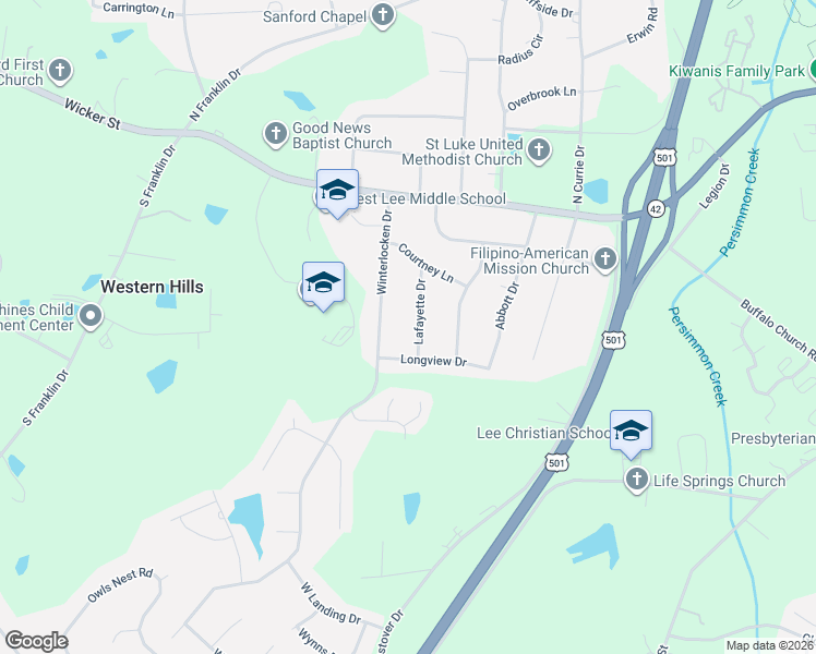 map of restaurants, bars, coffee shops, grocery stores, and more near 3414 Longview Drive in Sanford