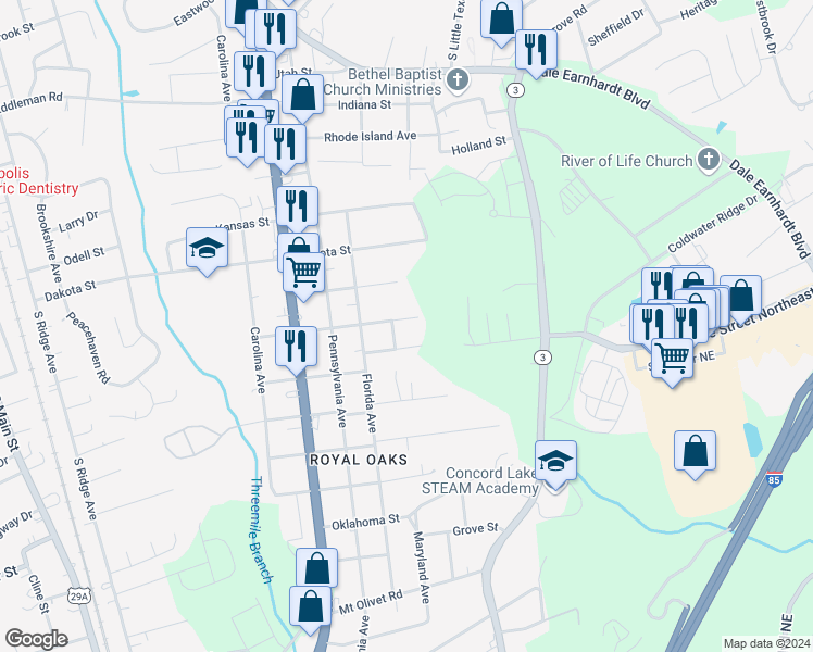 map of restaurants, bars, coffee shops, grocery stores, and more near 1005 Alabama Street in Kannapolis