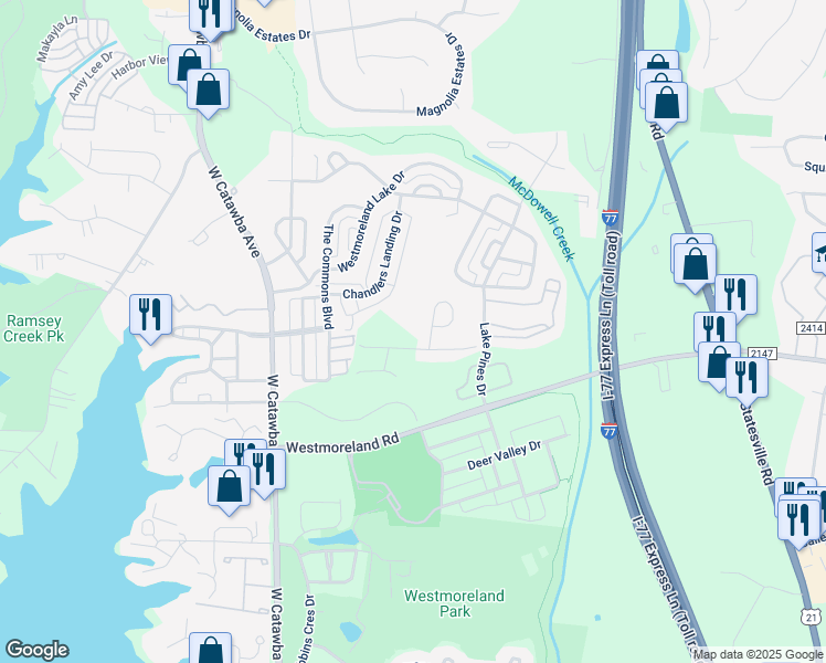 map of restaurants, bars, coffee shops, grocery stores, and more near 18500 Caleb Jordan Drive in Cornelius