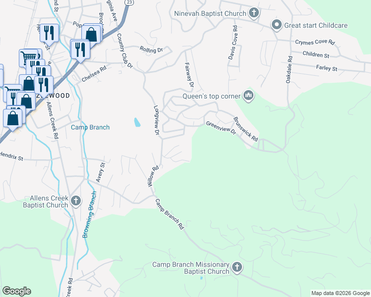 map of restaurants, bars, coffee shops, grocery stores, and more near 87 Willow Road in Waynesville