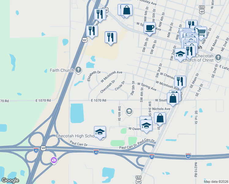 map of restaurants, bars, coffee shops, grocery stores, and more near 304 Circle Drive in Checotah