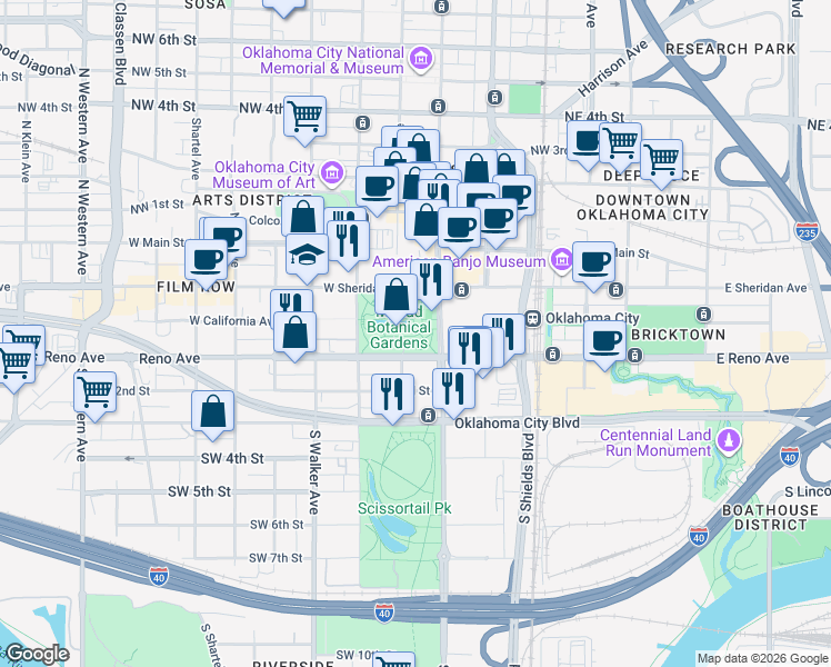 map of restaurants, bars, coffee shops, grocery stores, and more near 301 West Reno Avenue in Oklahoma City