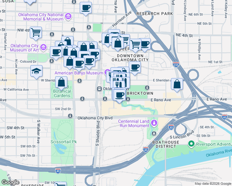 map of restaurants, bars, coffee shops, grocery stores, and more near 100 East California Avenue in Oklahoma City