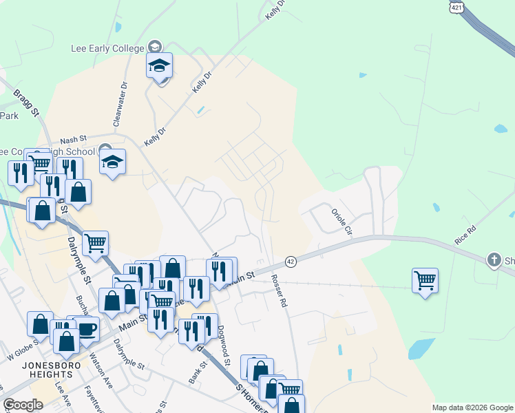 map of restaurants, bars, coffee shops, grocery stores, and more near 2701 Nash Street in Sanford