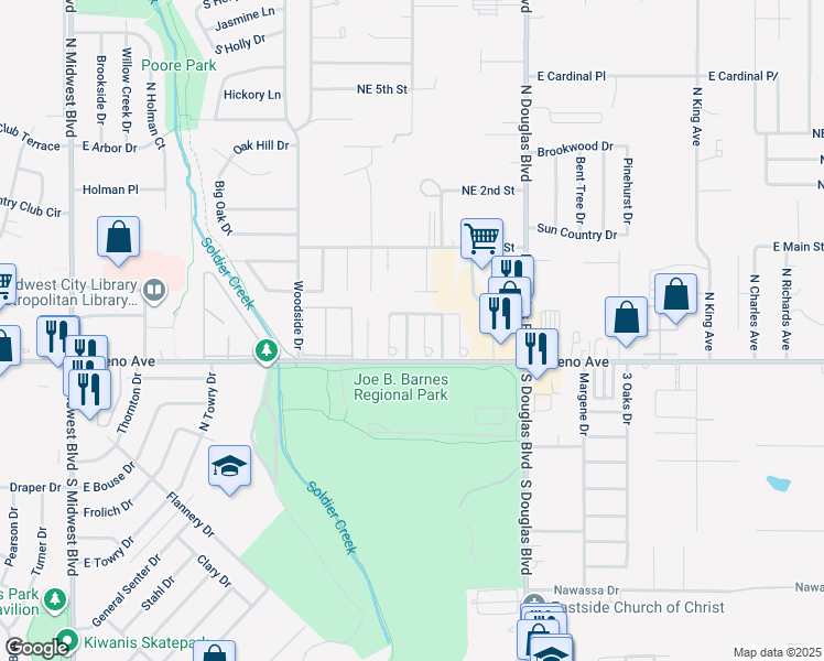 map of restaurants, bars, coffee shops, grocery stores, and more near 210 Hudson Place in Midwest City