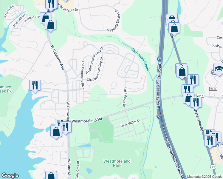 map of restaurants, bars, coffee shops, grocery stores, and more near 18500 Caleb Jordan Drive in Cornelius