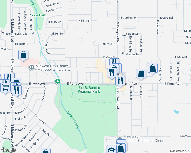 map of restaurants, bars, coffee shops, grocery stores, and more near 210 Kathleen Drive in Midwest City