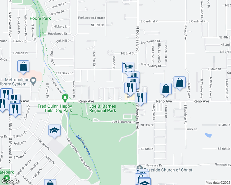 map of restaurants, bars, coffee shops, grocery stores, and more near 210 Kendra Drive in Midwest City
