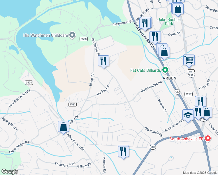 map of restaurants, bars, coffee shops, grocery stores, and more near 23 Ducker Road in Arden