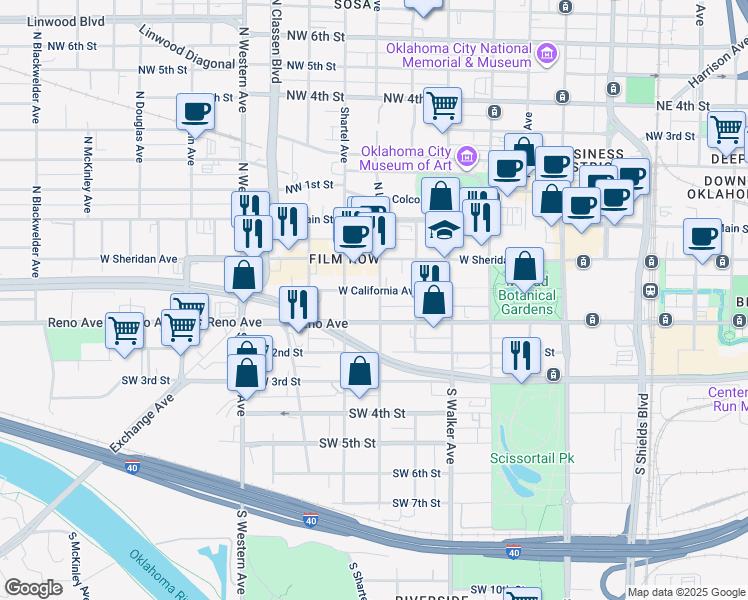 map of restaurants, bars, coffee shops, grocery stores, and more near 629 West Reno Avenue in Oklahoma City