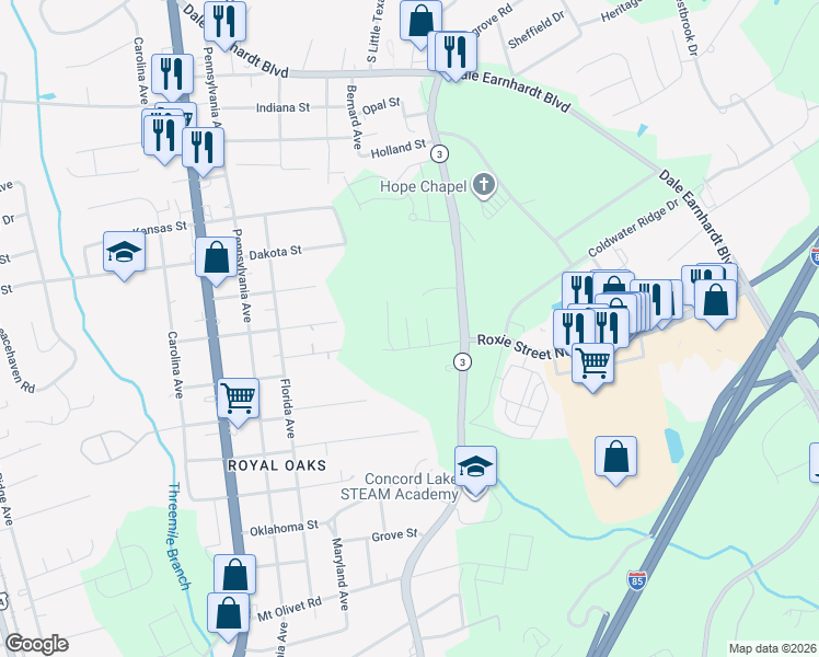 map of restaurants, bars, coffee shops, grocery stores, and more near 2137 University Drive in Kannapolis