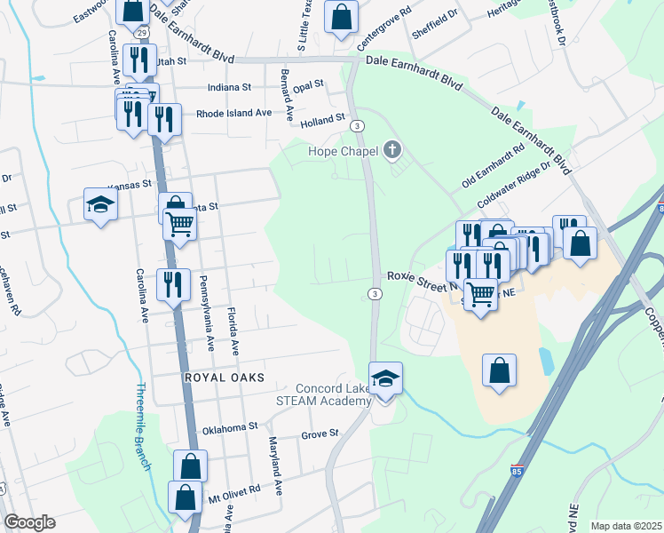 map of restaurants, bars, coffee shops, grocery stores, and more near 2137 University Drive in Kannapolis