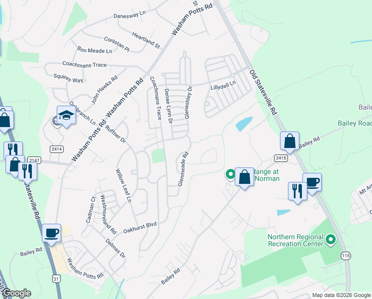 map of restaurants, bars, coffee shops, grocery stores, and more near 10450 Glenmeade Road in Cornelius