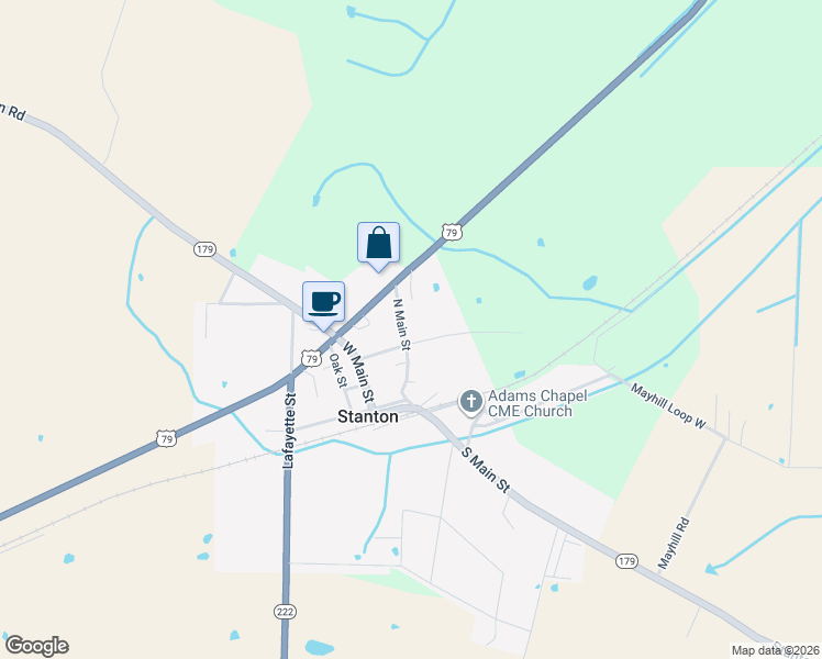 map of restaurants, bars, coffee shops, grocery stores, and more near 12 North Main Street in Stanton