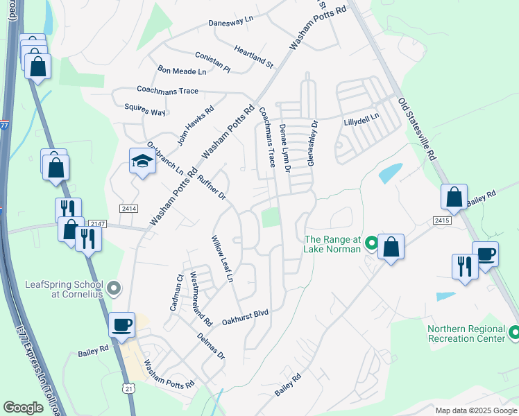 map of restaurants, bars, coffee shops, grocery stores, and more near 18905 Coachmans Trace in Cornelius