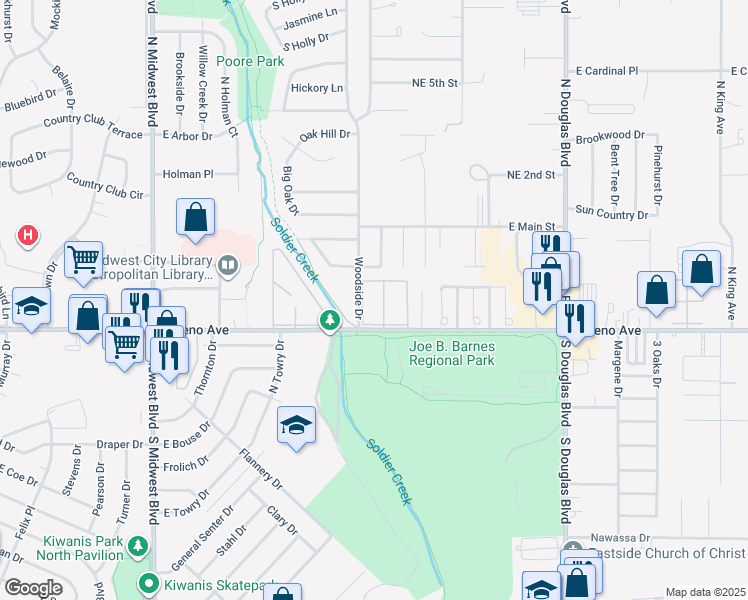 map of restaurants, bars, coffee shops, grocery stores, and more near 8603 East Reno Avenue in Midwest City