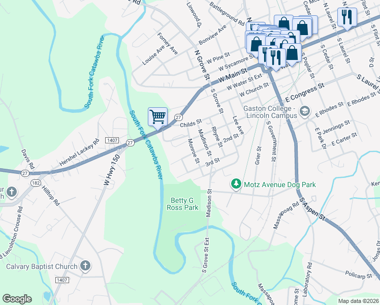 map of restaurants, bars, coffee shops, grocery stores, and more near 504 Willow Street in Lincolnton
