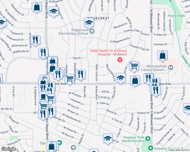 map of restaurants, bars, coffee shops, grocery stores, and more near 2813 Bella Vista Drive in Midwest City