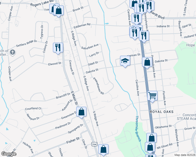 map of restaurants, bars, coffee shops, grocery stores, and more near 630 Peacehaven Road in Kannapolis