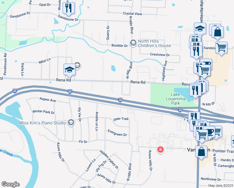 map of restaurants, bars, coffee shops, grocery stores, and more near 1900 Lovers Lane in Van Buren