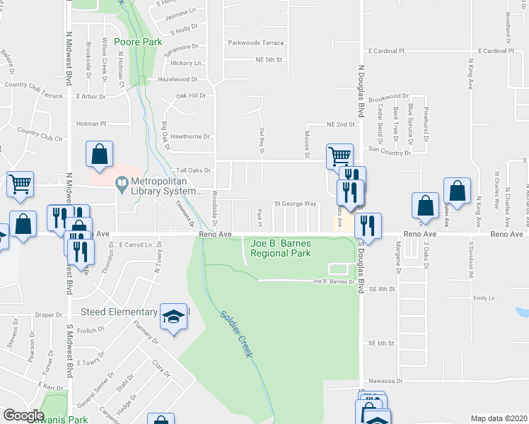 map of restaurants, bars, coffee shops, grocery stores, and more near 210 Park Place in Midwest City