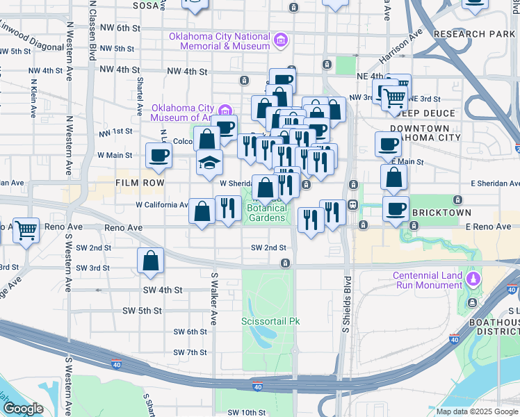 map of restaurants, bars, coffee shops, grocery stores, and more near 301 West Reno Avenue in Oklahoma City