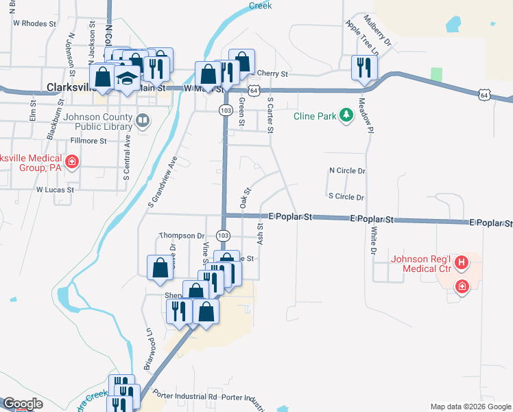 map of restaurants, bars, coffee shops, grocery stores, and more near 402 East Poplar Street in Clarksville