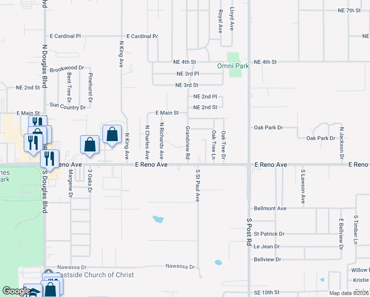 map of restaurants, bars, coffee shops, grocery stores, and more near 9617 East Reno Avenue in Midwest City