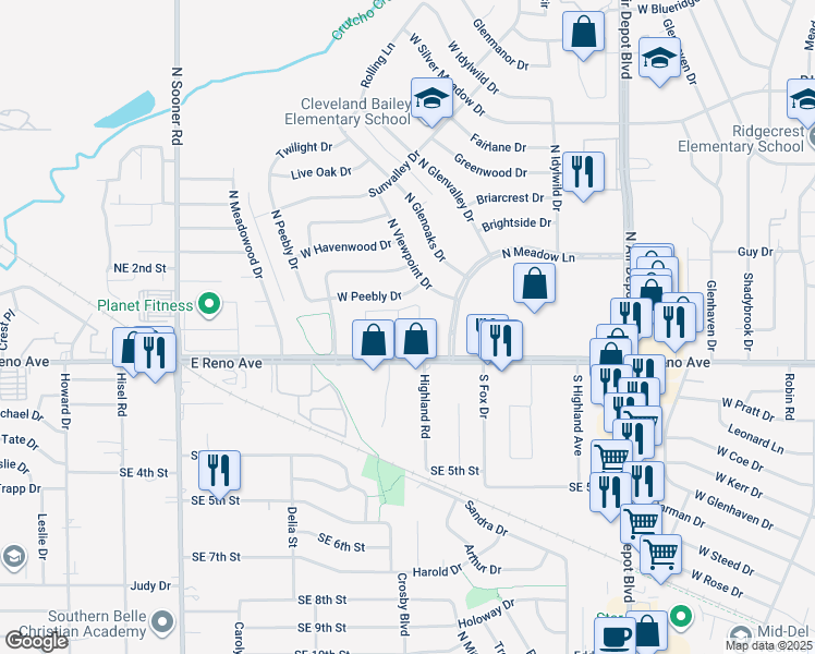 map of restaurants, bars, coffee shops, grocery stores, and more near 6313-6323 East Reno Avenue in Midwest City