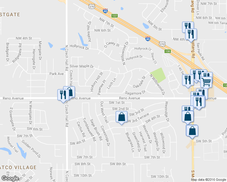 map of restaurants, bars, coffee shops, grocery stores, and more near 11827 Sagamore Drive in Yukon