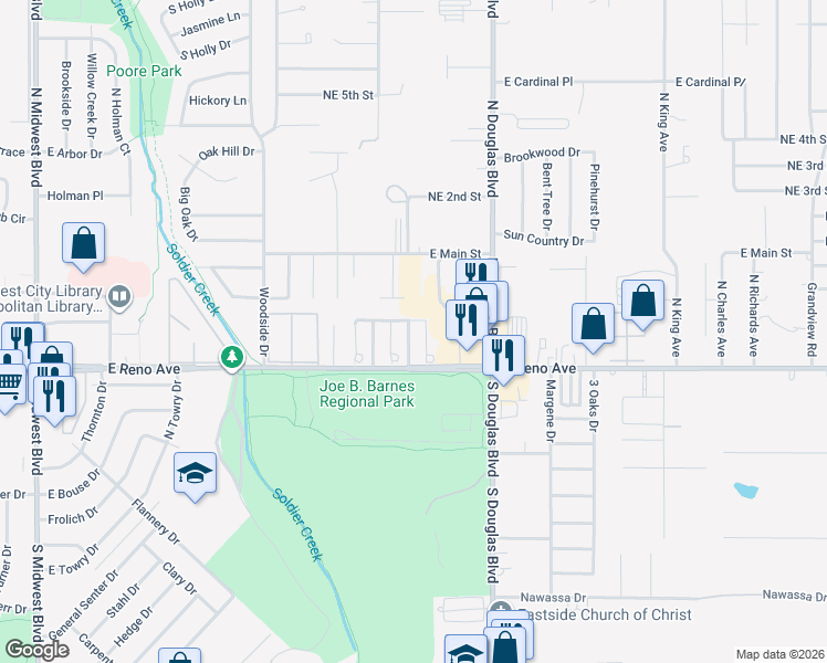 map of restaurants, bars, coffee shops, grocery stores, and more near 218 Kendra Drive in Midwest City
