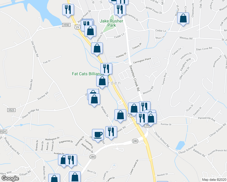 map of restaurants, bars, coffee shops, grocery stores, and more near 2357 Hendersonville Road in Arden