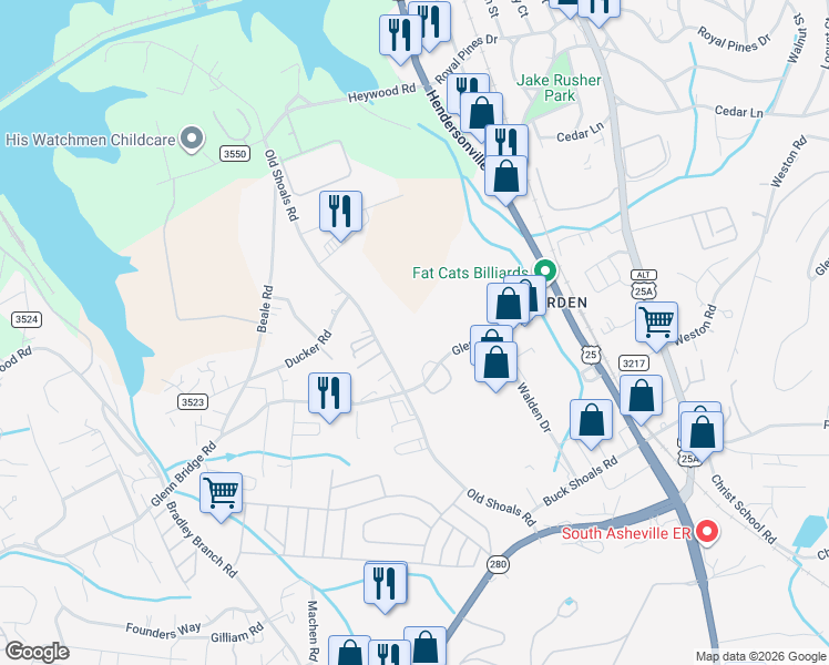 map of restaurants, bars, coffee shops, grocery stores, and more near 94 Glenn Bridge Road in Arden