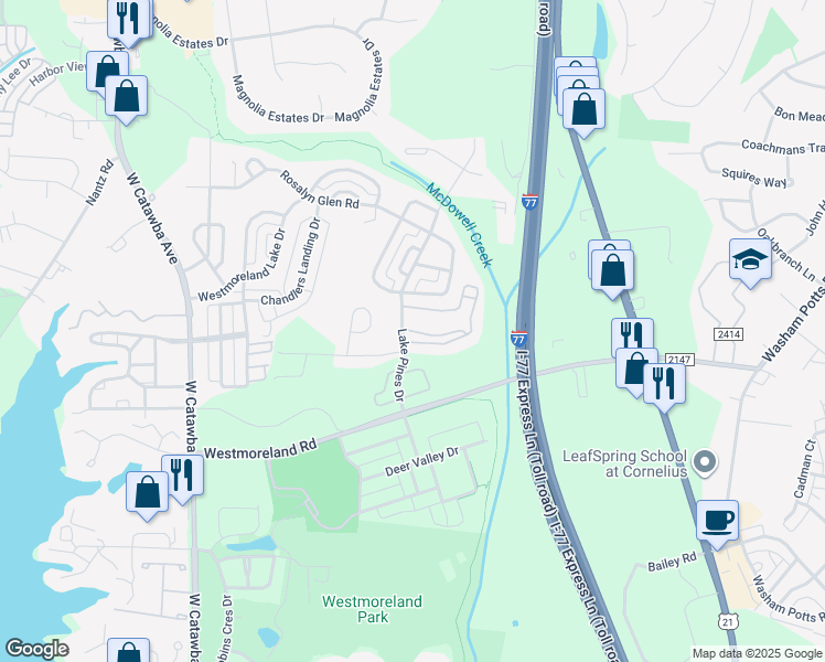 map of restaurants, bars, coffee shops, grocery stores, and more near Chagrin Drive in Cornelius